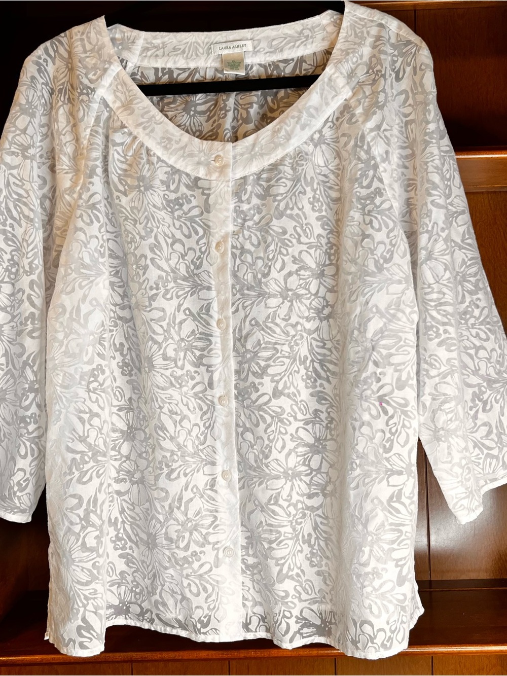 Laura Ashley White & Light Gray Floral Button-Down Blouse